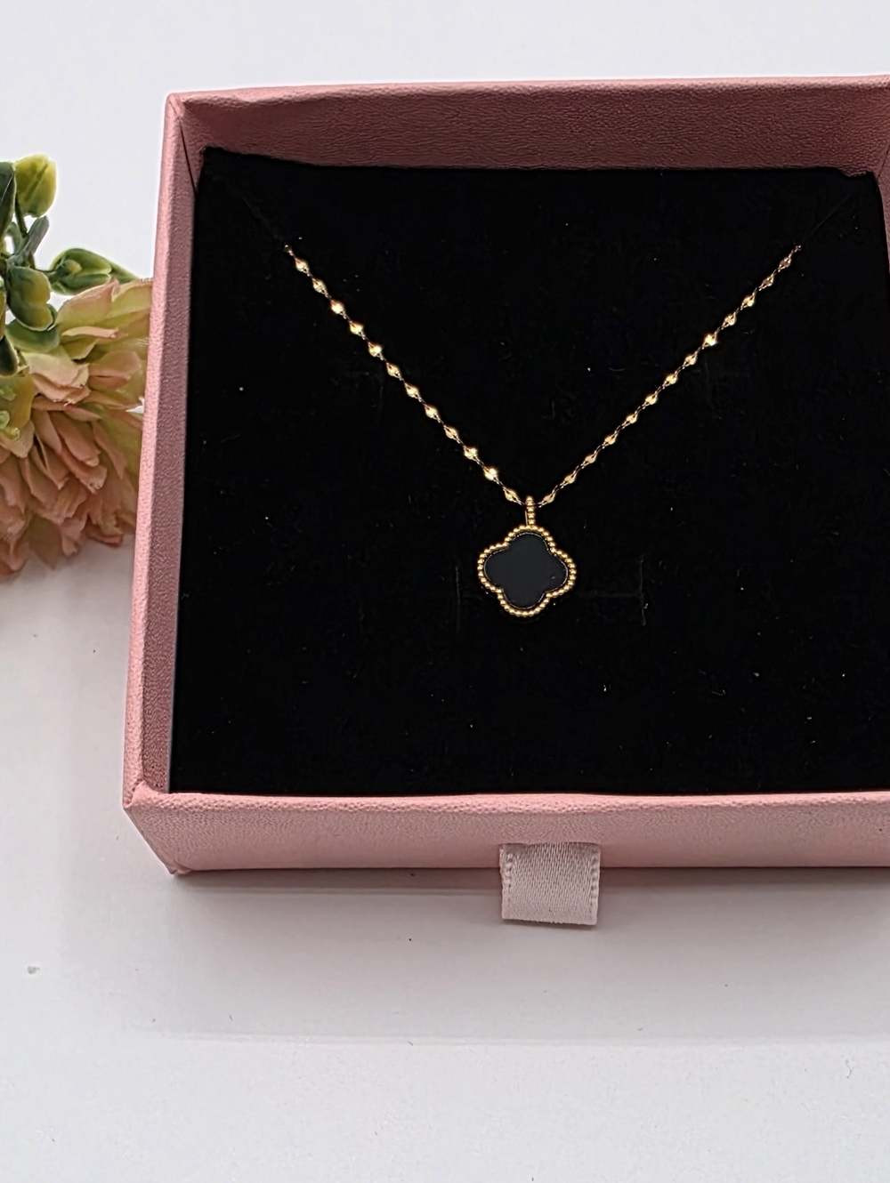 A dainty 18k SD Gold Clover Pendant Necklace with Black Inlay - Women's Jewelry